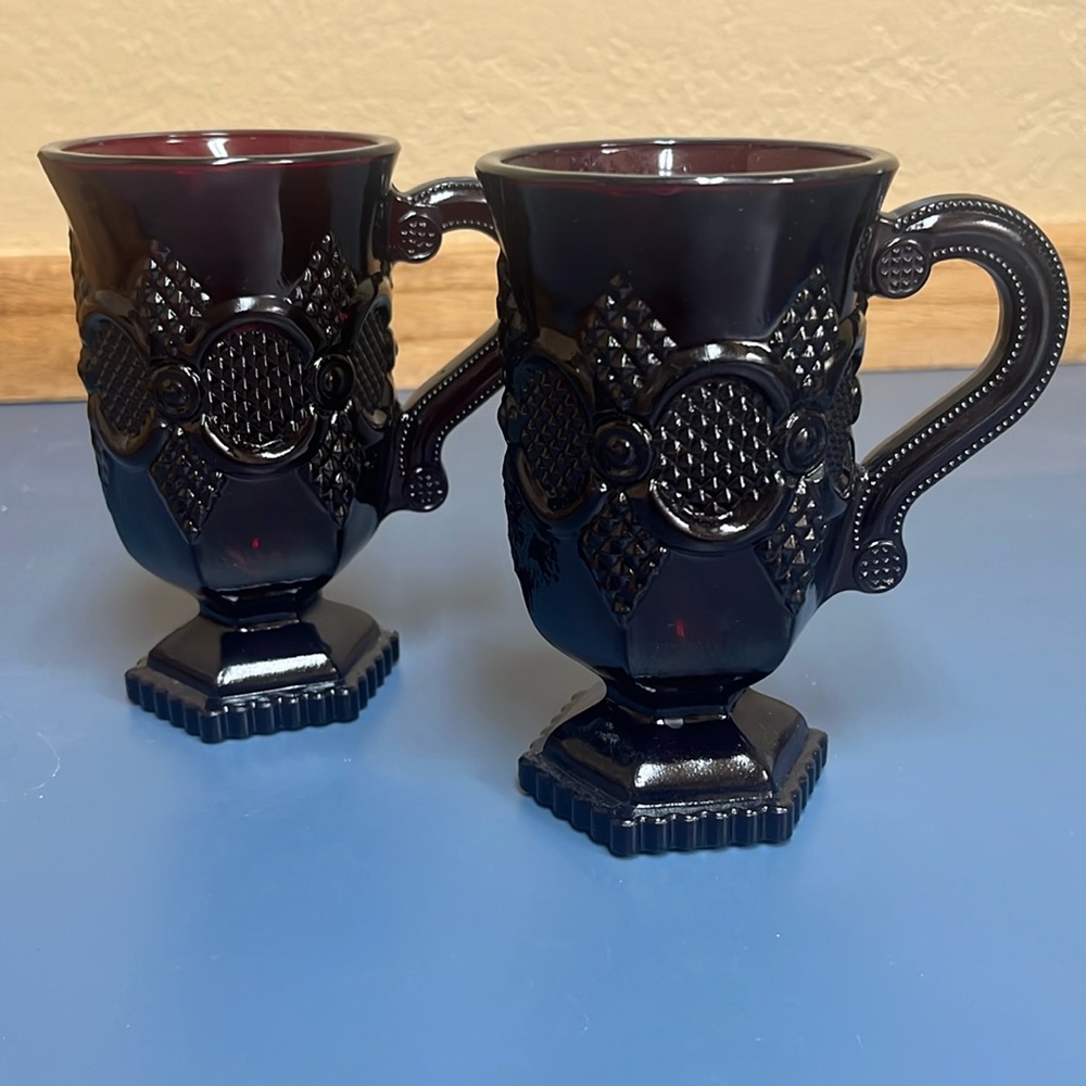 Set of 2 Avon 1876 Cape Cod Collection Ruby Red Glass Pedestal Mugs Cups